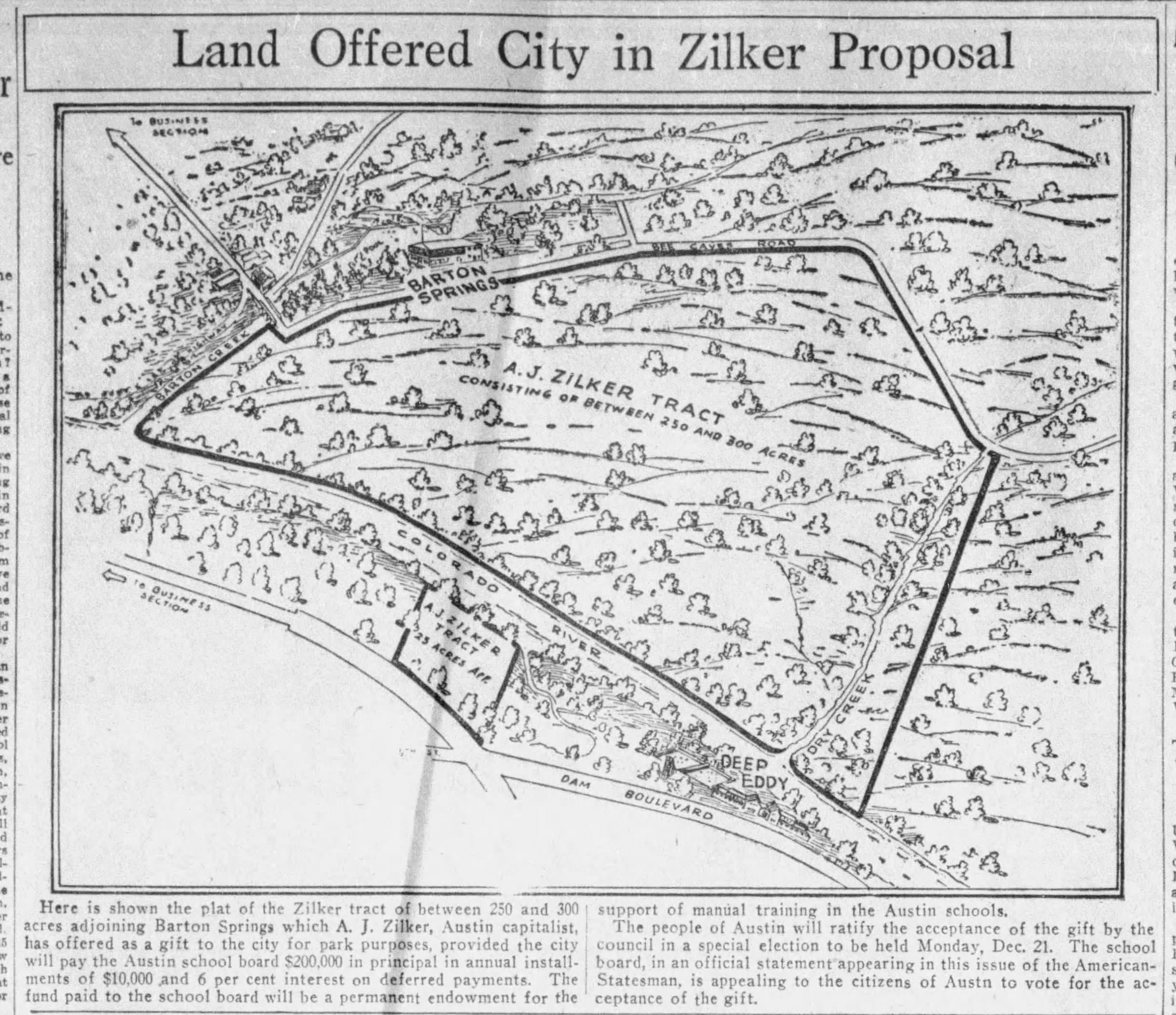 A 1931 newspaper clipping describes land offered to the City in the Zilker proposal.