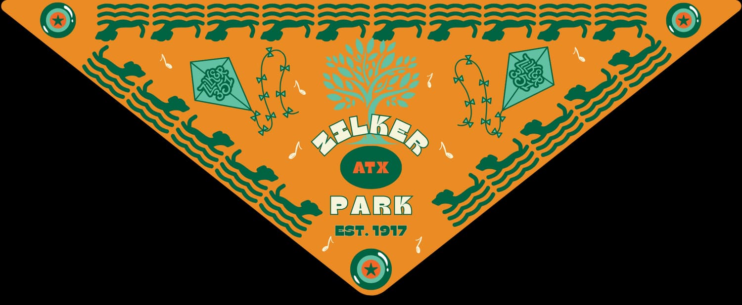 The custom Zilker Park bandana prize — orange with green park illustrations, Zilker Park ATX Est. 1917