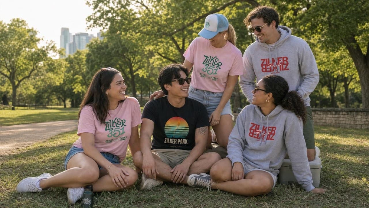 Friends wearing Zilker 351 merchandise together in Zilker Park